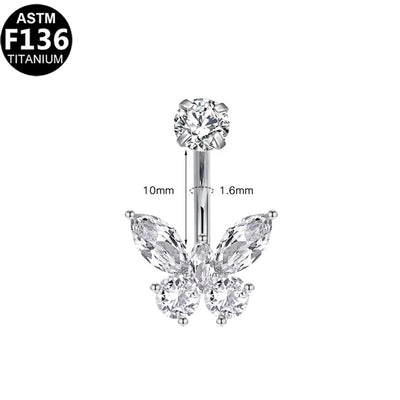 1 Piece Belly Rings Glam Shiny Butterfly Pure Titanium Aluminium Alloy Zircon 14K Gold Plated White Gold Plated