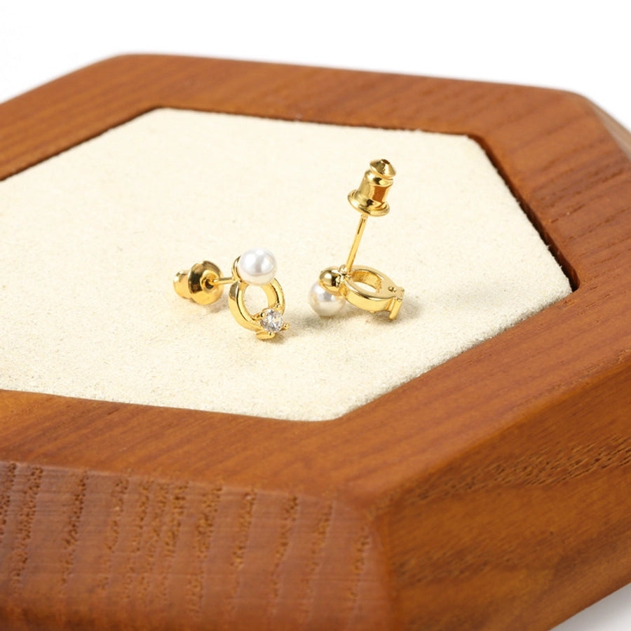 1 Pair IG Style Simple Style Round Plating Inlay Copper Pearl Zircon 18K Gold Plated Ear Studs