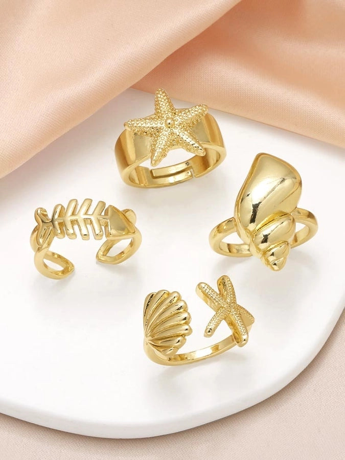 Copper 18K Gold Plated Plating Starfish Conch Fish Bone Open Rings