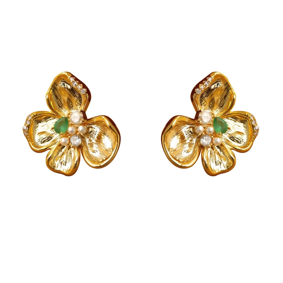 1 Pair Luxurious Vacation Sweet Flower Inlay Carving Copper Crystal Zircon 18K Gold Plated Ear Studs