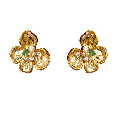 1 Pair Luxurious Vacation Sweet Flower Inlay Carving Copper Crystal Zircon 18K Gold Plated Ear Studs