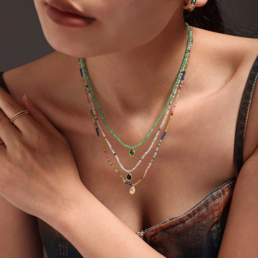 Elegant Water Droplets 304 Stainless Steel natural stone 18K Gold Plated Opal Beaded Chain Pendant Necklace In Bulk