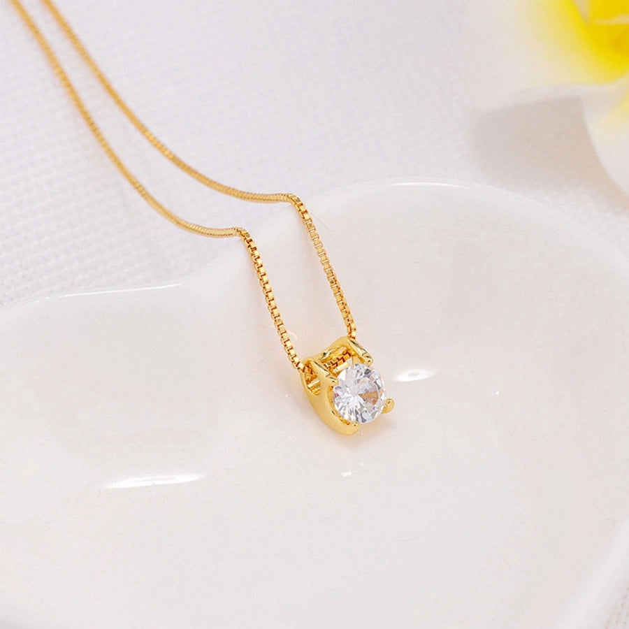 Copper box chain Inlay Round Zircon Pendant Necklace