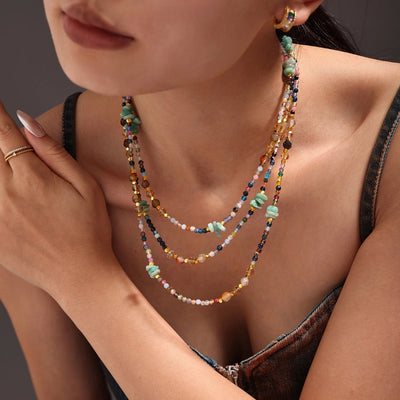 Sweet Cool Style Geometric 304 Stainless Steel Artificial Crystal natural stone 18K Gold Plated Beaded Chain Necklace In Bulk