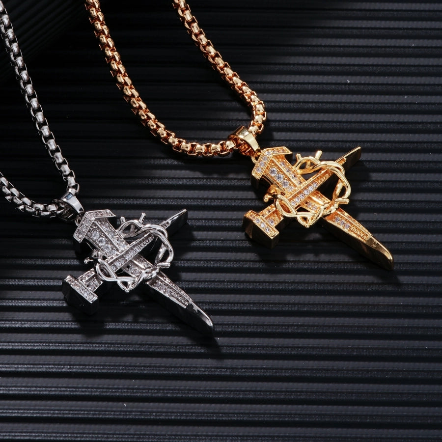 Hip-Hop Rock Shiny Cross Wings 304 Stainless Steel Copper Zircon K Gold Plated Rhodium Plated Unisex Pendant Necklace