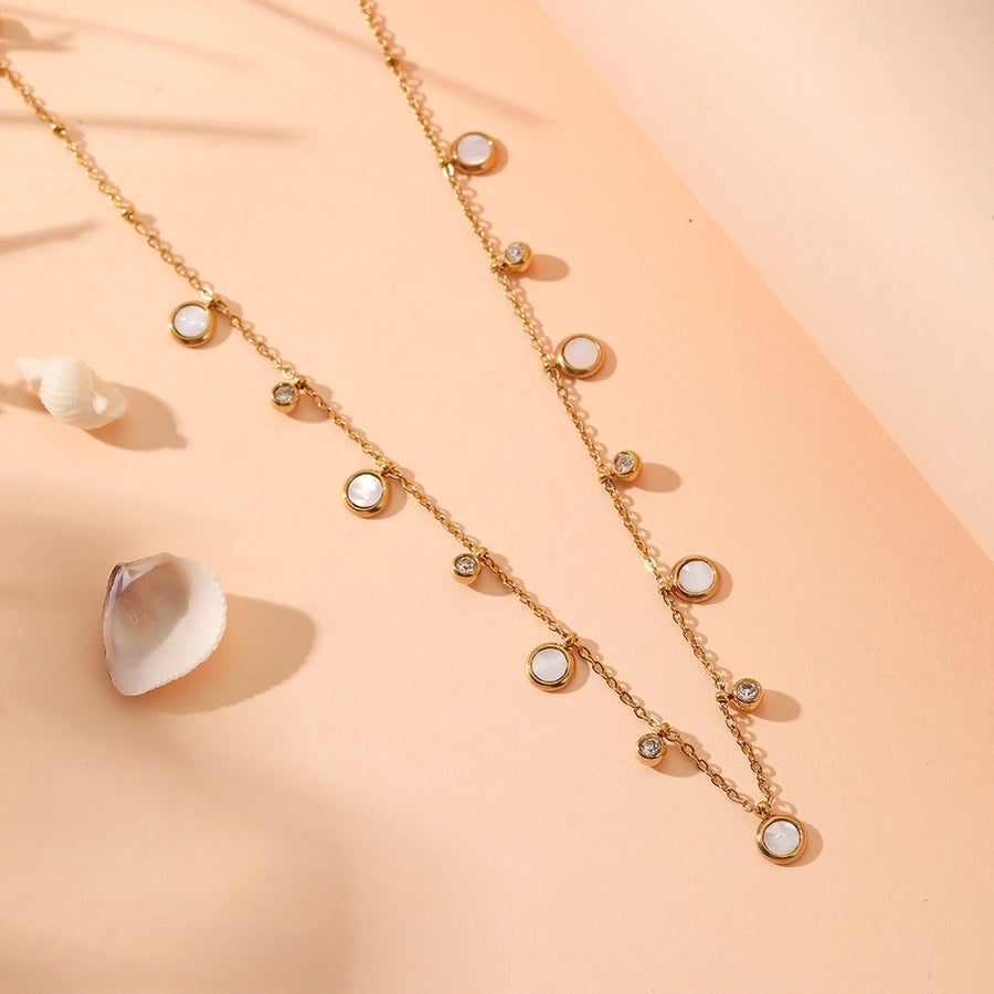 Jewelry Cute Sweet Round Titanium Steel Rhinestones Shell 18K Gold Plated Plating Inlay Pendant Necklace