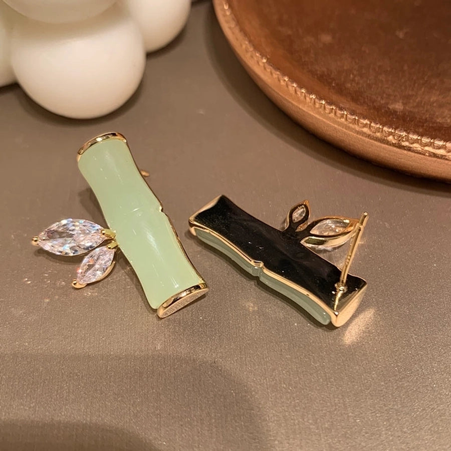 1 Pair Elegant Vintage Style Geometric Bamboo Plating Synthetics Metal Copper Zircon 14K Gold Plated Ear Studs
