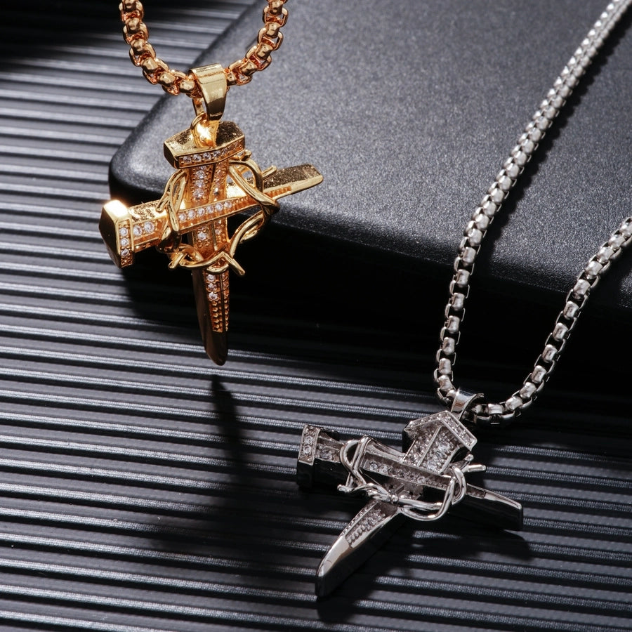 Hip-Hop Rock Shiny Cross Wings 304 Stainless Steel Copper Zircon K Gold Plated Rhodium Plated Unisex Pendant Necklace
