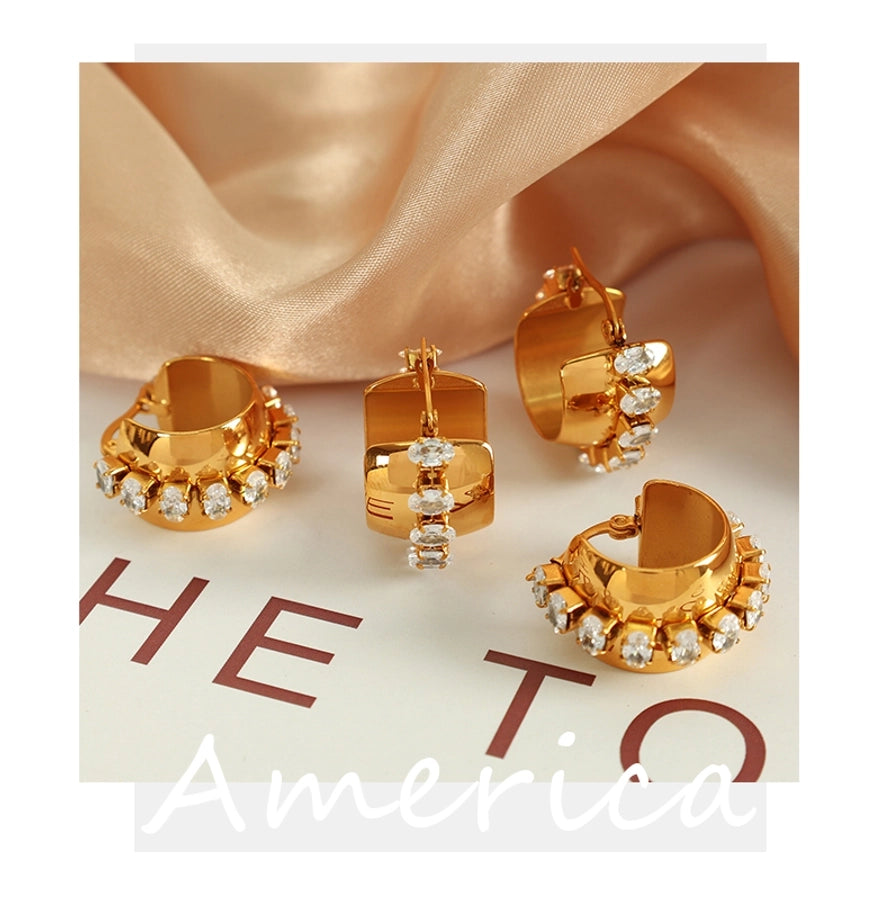 1 Pair Elegant Retro French Style C Shape Semicircle Polishing Plating Inlay 304 Stainless Steel Zircon 18K Gold Plated Earrings