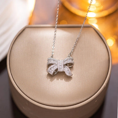 Jewelry Simple Style Bow Knot Titanium Steel Zircon Inlay Pendant Necklace