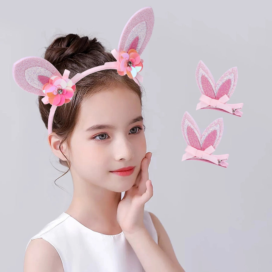 Girl'S Cute Romantic Sweet Bunny Ears Flower Bow Knot Cloth Handmade Hair Clip Hair Band