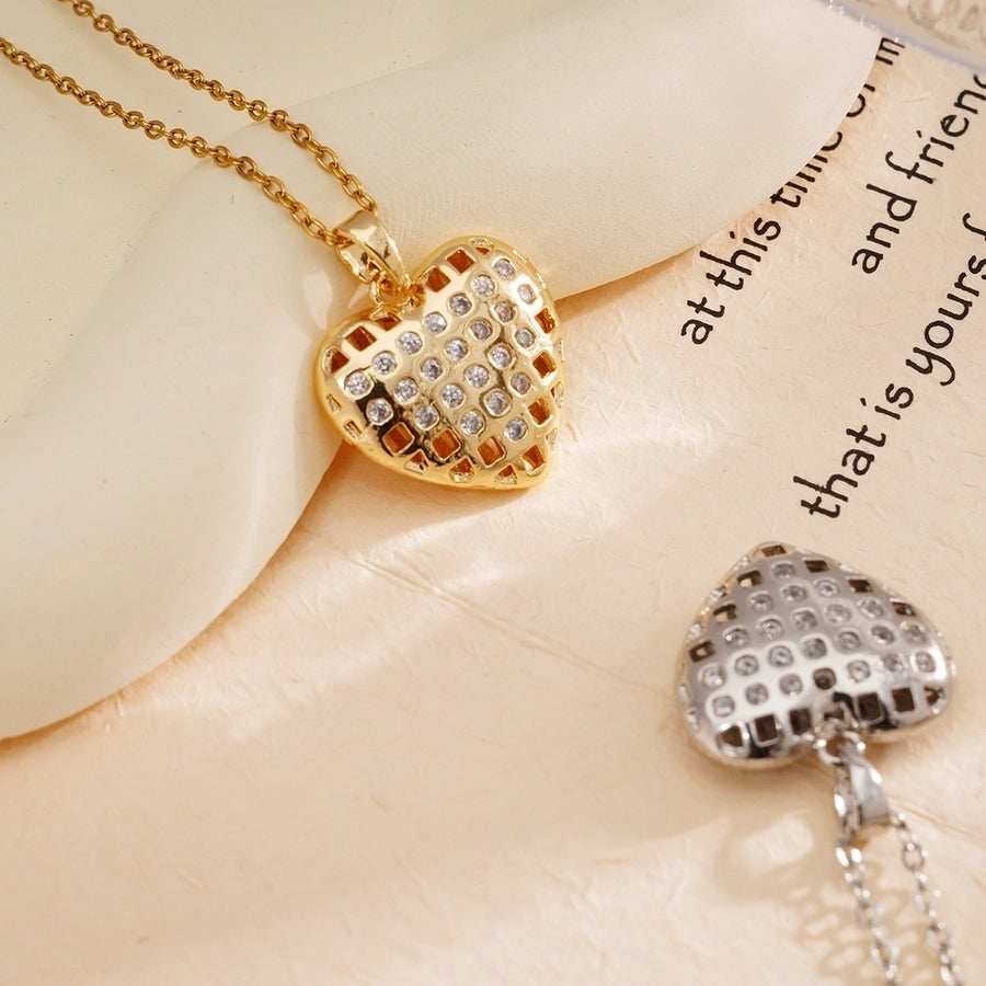 Jewelry Simple Style Heart Shape 304 Stainless Steel Copper Zircon Gold Plated Plating Inlay Pendant Necklace