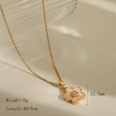 201 Stainless Steel Copper 14K Gold Plated Inlay Flower Shell Zircon Pendant Necklace