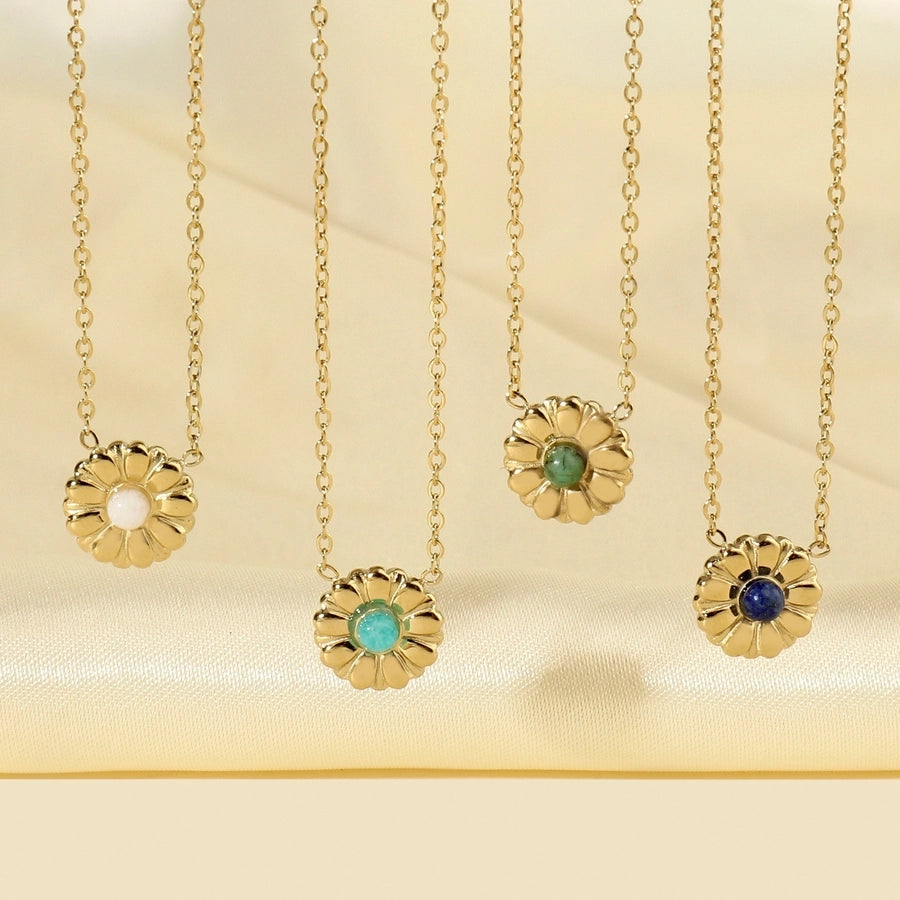 Jewelry Retro French Style Daisy Titanium Steel Natural Stone 14K Gold Plated Plating Inlay Pendant Necklace