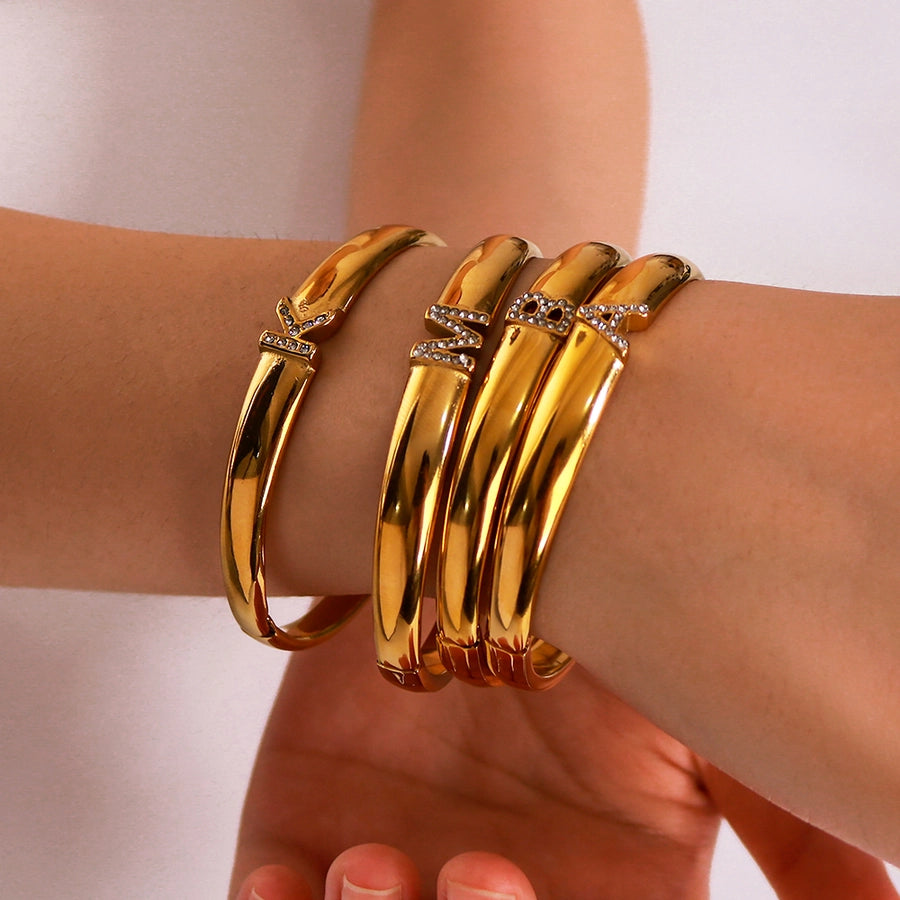 Vintage Style Simple Style Classic Style Letter 304 Stainless Steel 18K Gold Plated Zircon Bangle In Bulk