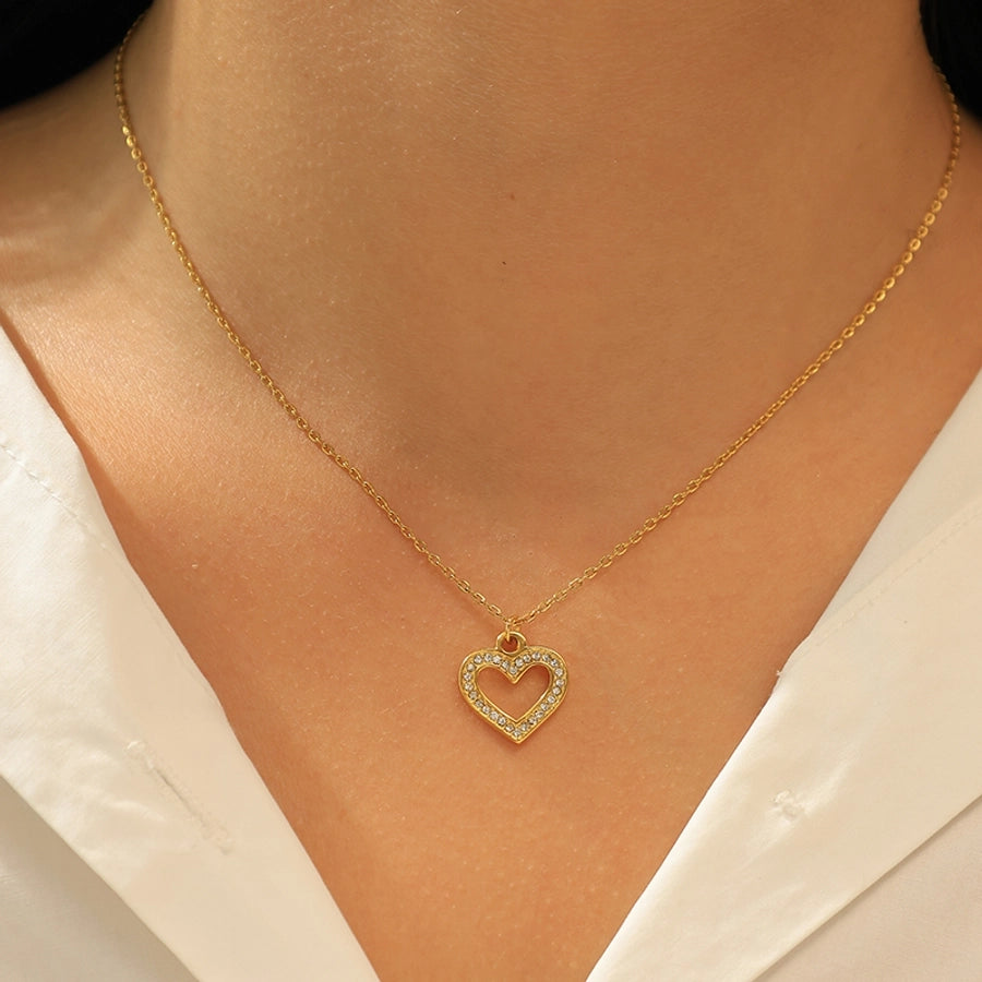 Jewelry Elegant Sweet Simple Style Heart Shape 304 Stainless Steel Zircon 14K Gold Plated Plating Pendant Necklace