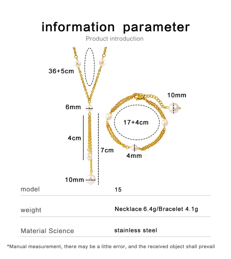 Jewelry French Style Geometric 304 Stainless Steel Glass Pearl 18K Gold Plated Bracelets Necklace