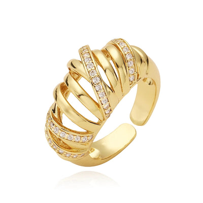 Jewelry Casual Elegant Flower Copper Zircon 18K Gold Plated Plating Hollow Out Inlay Open Rings