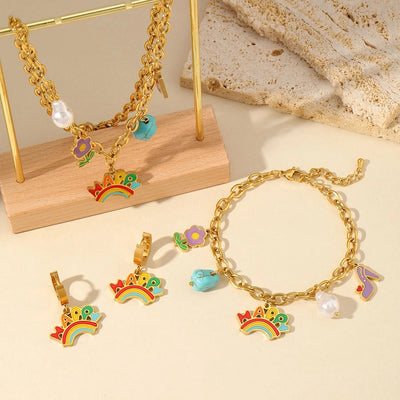 Jewelry Cute Sweet Letter Rainbow Flower 304 Stainless Steel Imitation Pearl Turquoise 18K Gold Plated Enamel Plating Inlay Multi Charms Bracelet Multi Charms Necklace Earrings