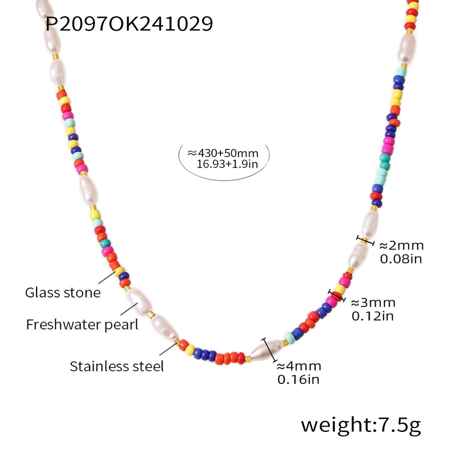 Jewelry Elegant Vacation Geometric 304 Stainless Steel Natural Freshwater Pearl 18K Gold Plated Beaded Necklace