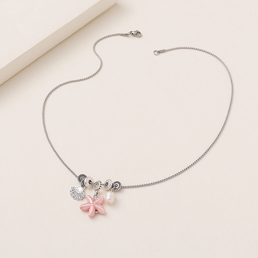 Hawaiian Vacation Starfish Shell Rhinestones Artificial Pearl Titanium Steel ceramics