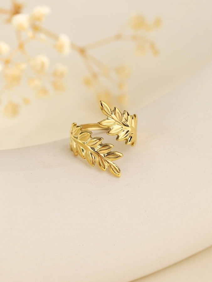 Jewelry Elegant Leaves Feather 304 Stainless Steel Open Rings