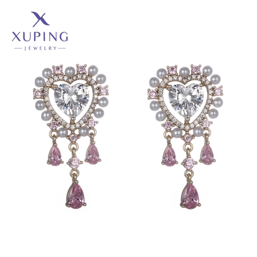 1 Pair Luxurious Sweet Heart Shape Plating Copper Artificial Gemstones 18K Gold Plated Drop Earrings