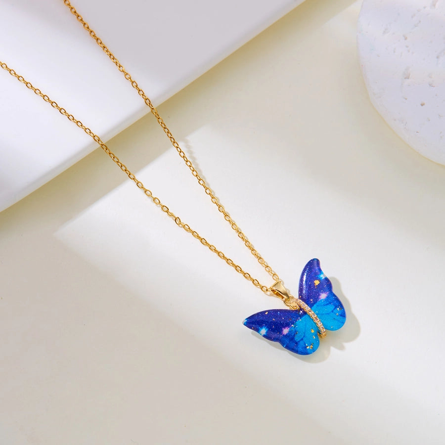 Jewelry Elegant Cute Classic Style Butterfly 201 Stainless Steel Resin Copper Zircon Inlay Pendant Necklace
