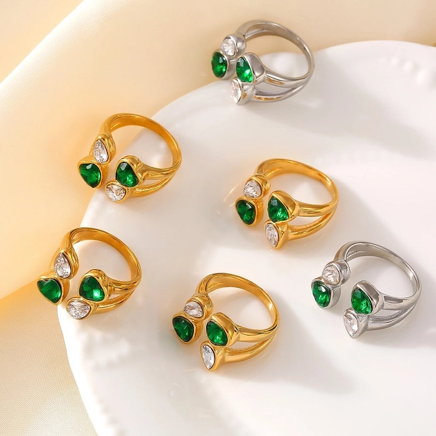 Jewelry Vacation Artistic Shiny Water Droplets Heart Shape 304 Stainless Steel Zircon 18K Gold Plated Inlay Rings