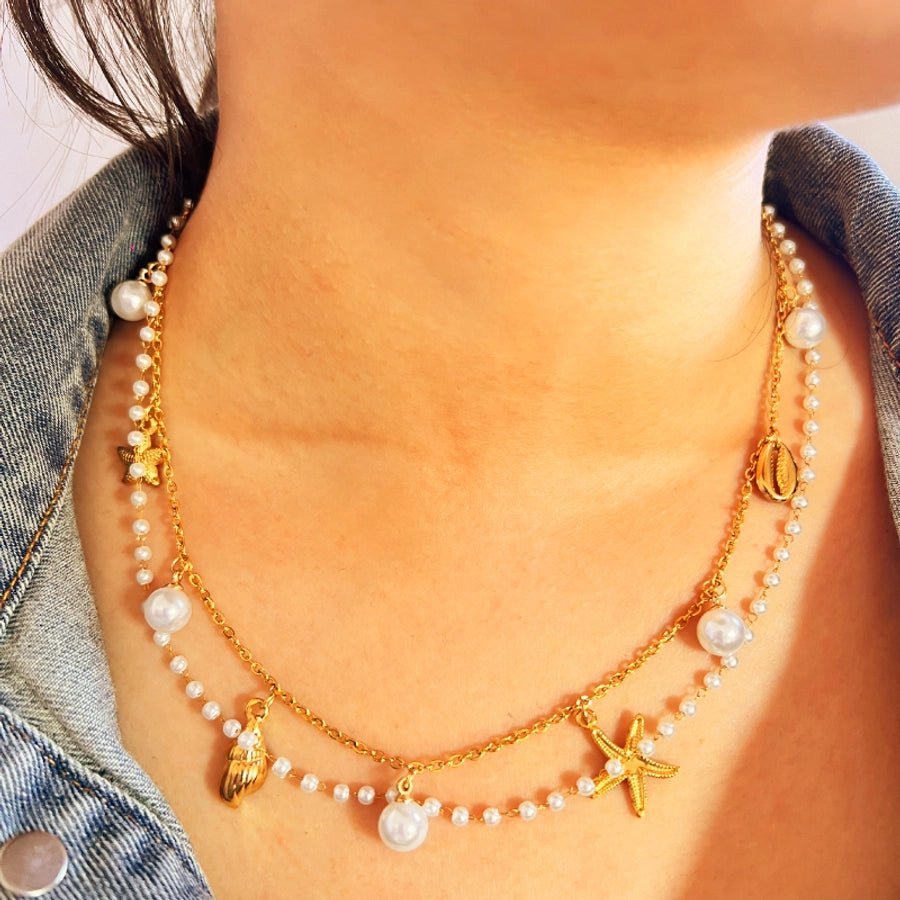 Jewelry Vacation Starfish Shell 201 Stainless Steel 18K Gold Plated Pendant Necklace