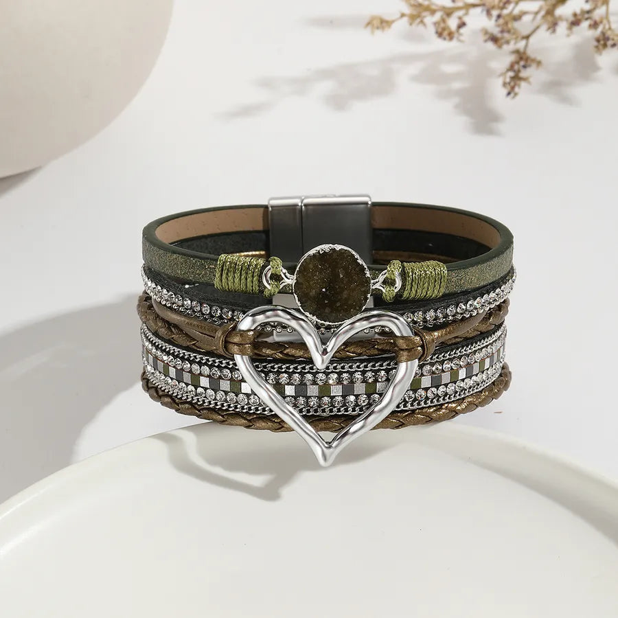 elegant classic style heart shape pu leather inlay rhinestones women's bracelets