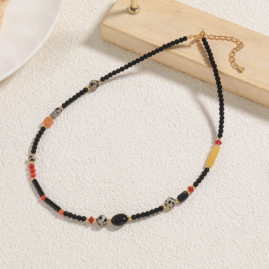 Vintage Style Round 304 Stainless Steel natural stone Beaded Chain Necklace In Bulk