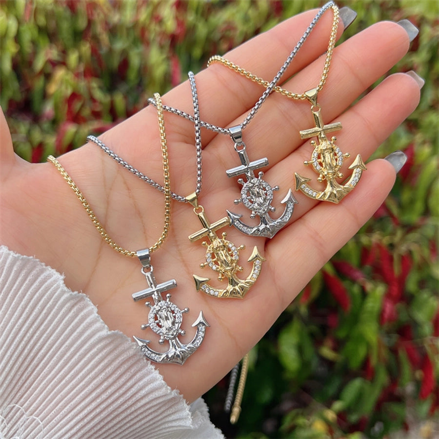 Copper 18K Gold Plated Inlay Anchor Zircon Pendant Necklace