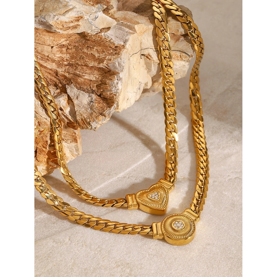 18K Gold Stainless Steel White Diamond Diamond Rib Heart Pendant Chain Necklace