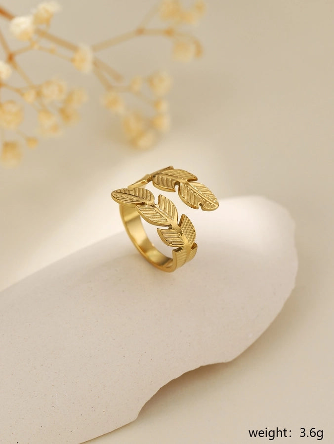 Jewelry Elegant Leaves Feather 304 Stainless Steel Open Rings