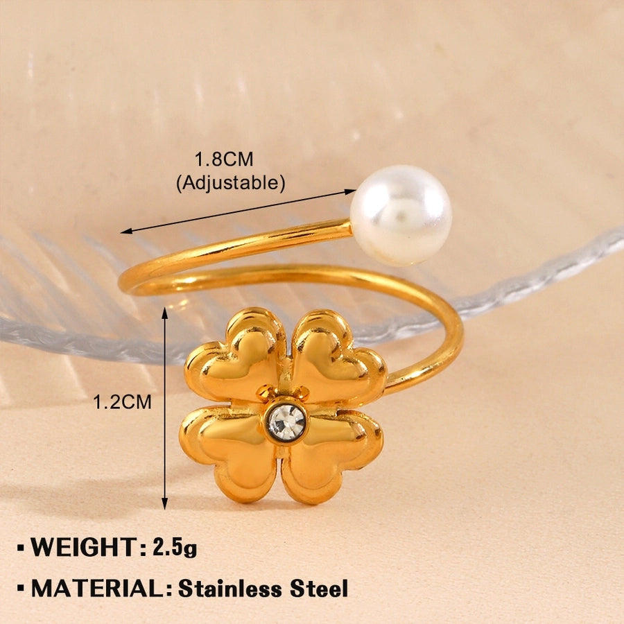 Jewelry IG Style Sweet Four Leaf Clover 304 Stainless Steel Pearl Zircon Inlay Open Rings