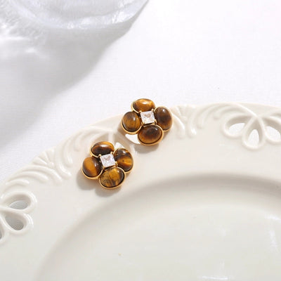 1 Pair Vintage Style Simple Style Geometric Round Heart Shape Plating Inlay Copper Natural Stone Zircon 18K Gold Plated Ear Studs