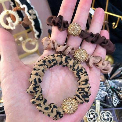 fashion solid color leopard cloth pearl inlay rhinestones hair tie 1 piece