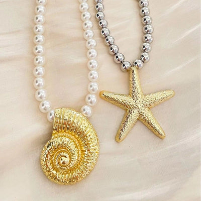 Marine Style Simple Style Starfish Conch Imitation Pearl Alloy  Pendant Necklace