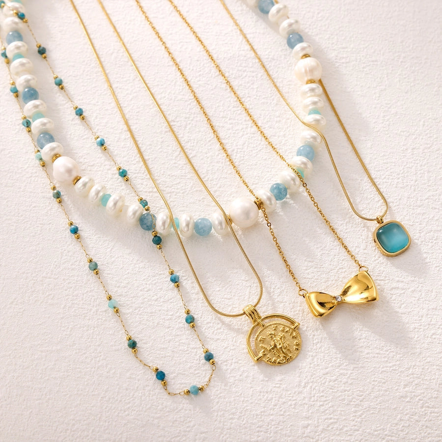 Jewelry Simple Style Bow Knot 304 Stainless Steel natural stone 18K Gold Plated Pendant Necklace