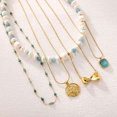 Jewelry Simple Style Bow Knot 304 Stainless Steel natural stone 18K Gold Plated Pendant Necklace