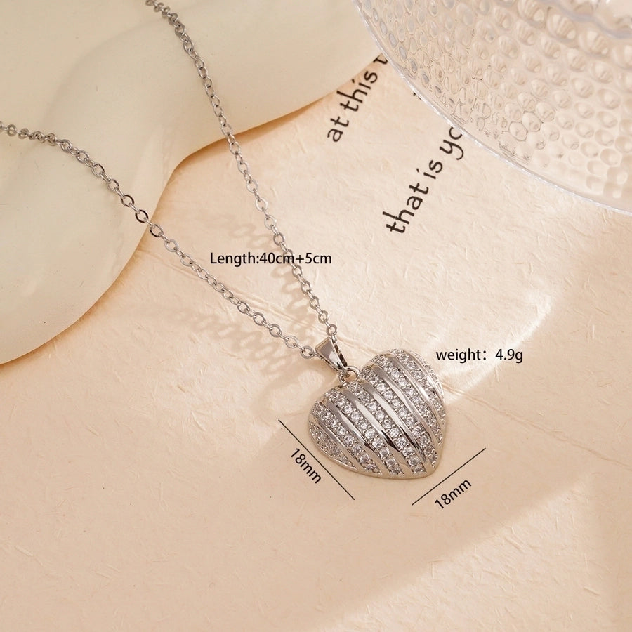 Jewelry Simple Style Heart Shape 304 Stainless Steel Copper Zircon Gold Plated Plating Inlay Pendant Necklace