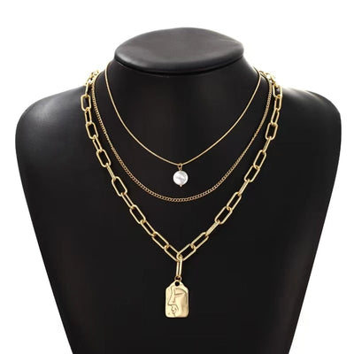 Jewelry Vintage Style French Style Human Titanium Steel Artificial Pearls 18K Gold Plated Layered Necklaces
