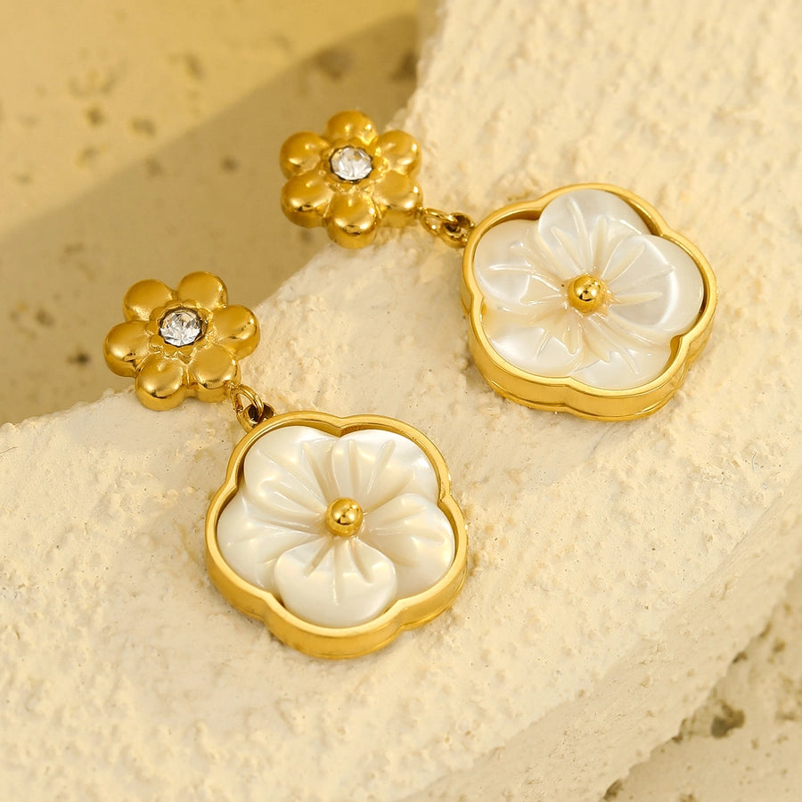 Jewelry Simple Style Flower 304 Stainless Steel Shell Zircon 18K Gold Plated Inlay Bracelets Earrings Necklace