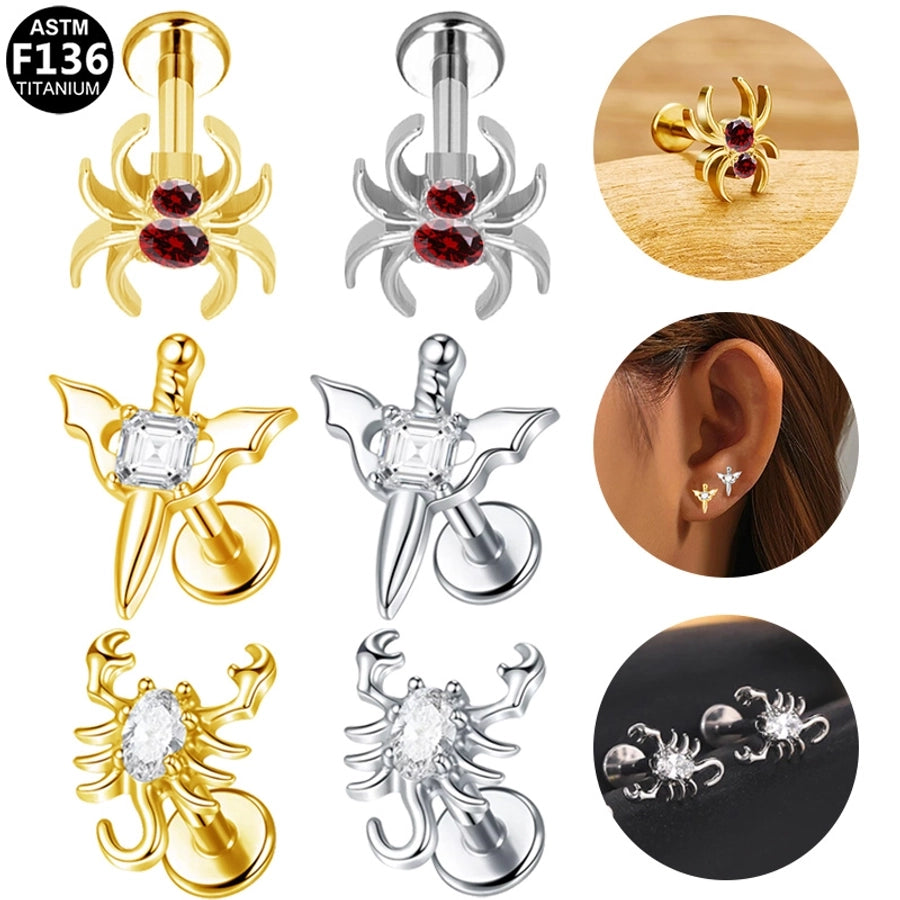 1 Piece Lip Rings Hip-Hop Rock Punk Spider Pure Titanium Titanium Alloy Zircon 14K Gold Plated White Gold Plated Lip Rings Ear Cartilage Rings & Studs