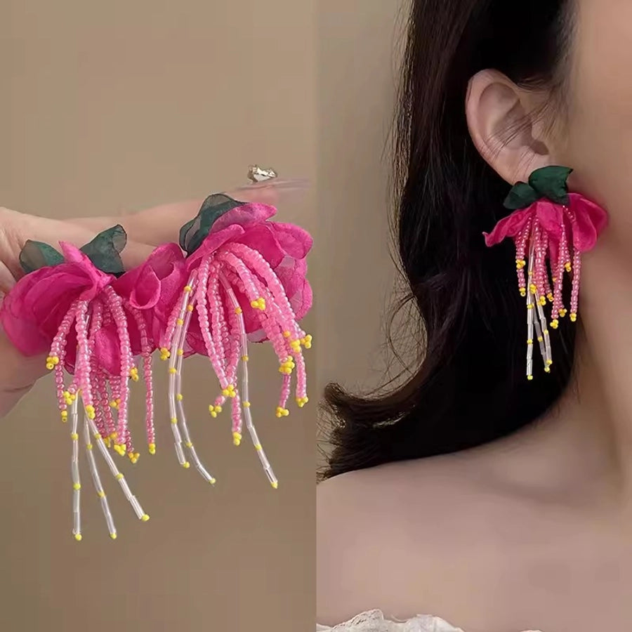 Mori chiffon flower beaded earrings female super fairy exaggerated Rose Red holiday style earrings  new popular