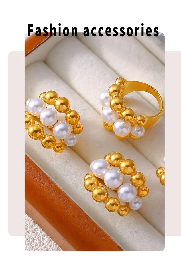 Jewelry Elegant French Style Round 304 Stainless Steel Artificial Pearls 18K Gold Plated Layered Inlay Rings