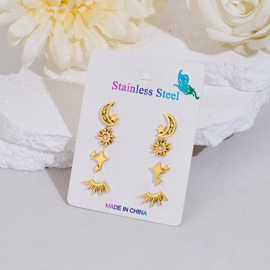 4 Pairs Cute Sweet Commute Sun Star Moon Polishing Hollow Out 304 Stainless Steel 18K Gold Plated Ear Studs
