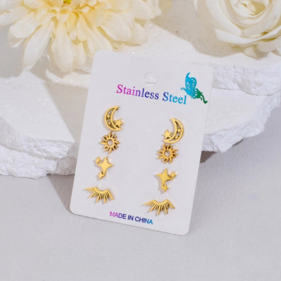 4 Pairs Cute Sweet Commute Sun Star Moon Polishing Hollow Out 304 Stainless Steel 18K Gold Plated Ear Studs