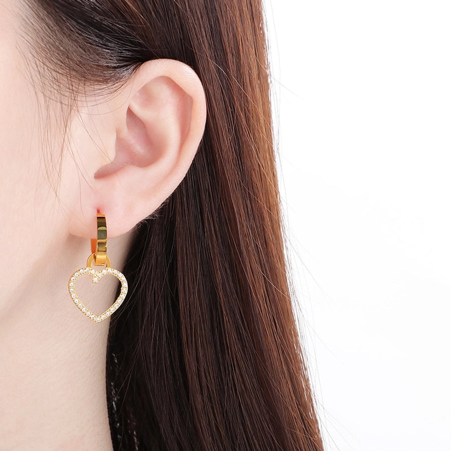 1 Pair Vintage Style Square Heart Shape Hollow Out Inlay 304 Stainless Steel Pearl Zircon 18K Gold Plated Earrings